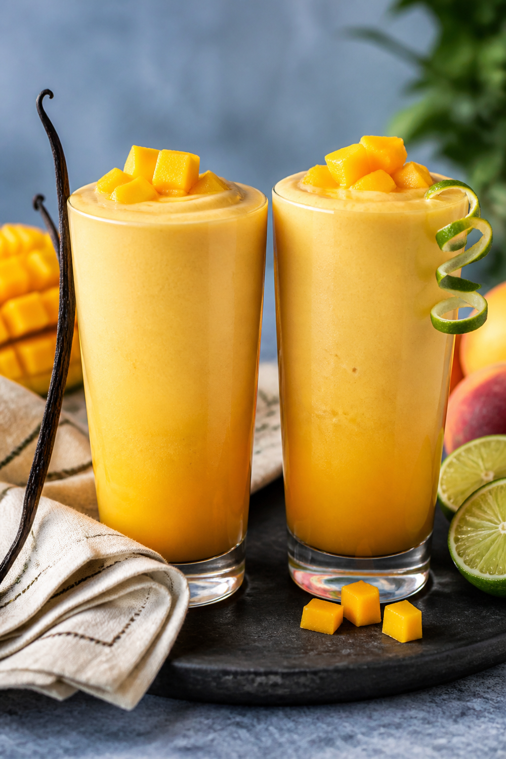 Final presentation: Restaurant-quality hero shot of two tall smoothie glasses filled to the brim wit