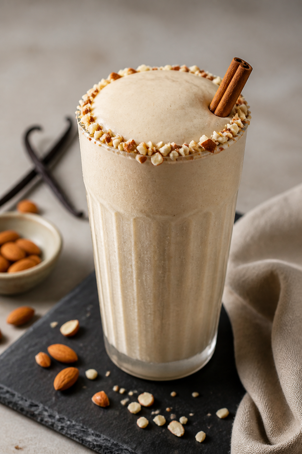 Final presentation: Restaurant-quality hero shot of the Vanilla Almond Protein Shake served extra th