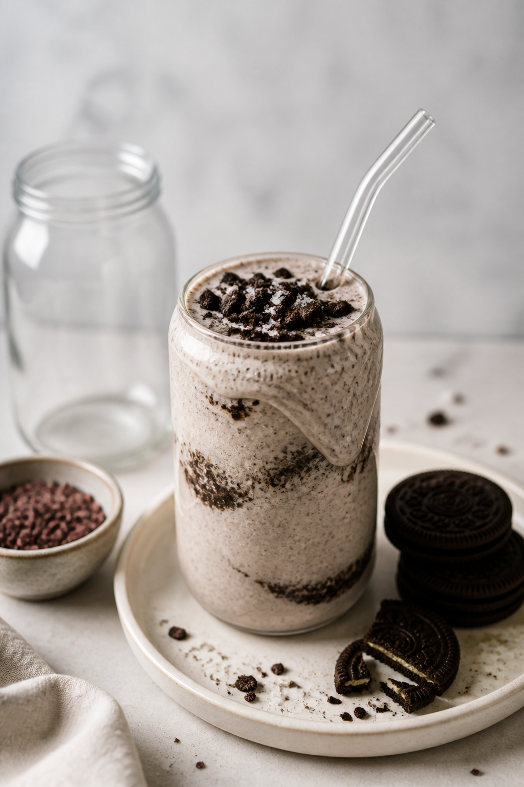 Final presentation: Restaurant-quality plated scene featuring a thick, spoonable Cookies & Cream Pro