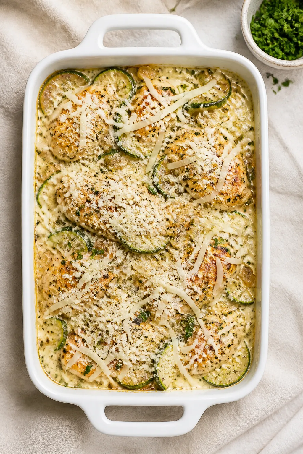 Overhead āassembly to bakeā shot: 9x13-inch baking dish filled with browned chicken and sautĆ©ed