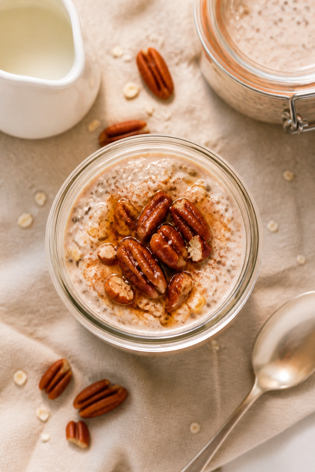 Overhead jar shot: of Maple Pecan High Protein Overnight Oats in a clear mason jar, thick and creamy