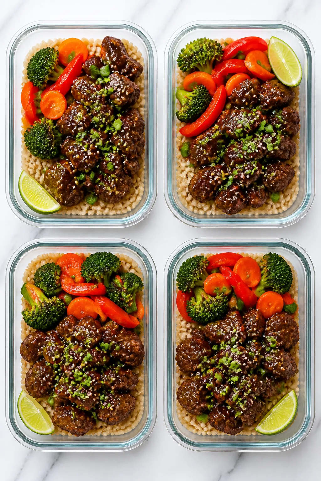 Overhead “meal prep” layout: four neat glass containers filled with brown rice base topped with