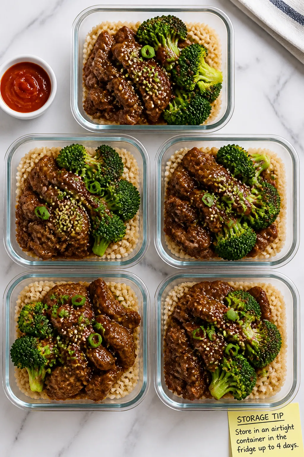 Overhead meal-prep spread: Top-down shot of 5 neatly arranged glass meal-prep containers, each with