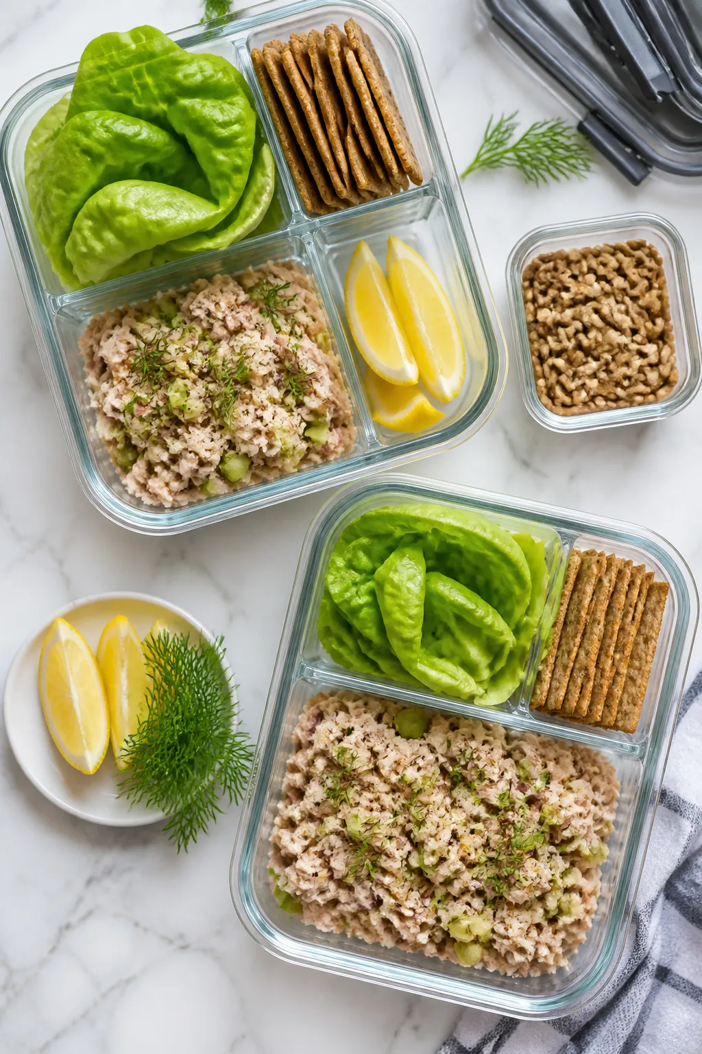 Overhead “meal prep” top view: Neatly arranged glass meal-prep containers filled with the finish