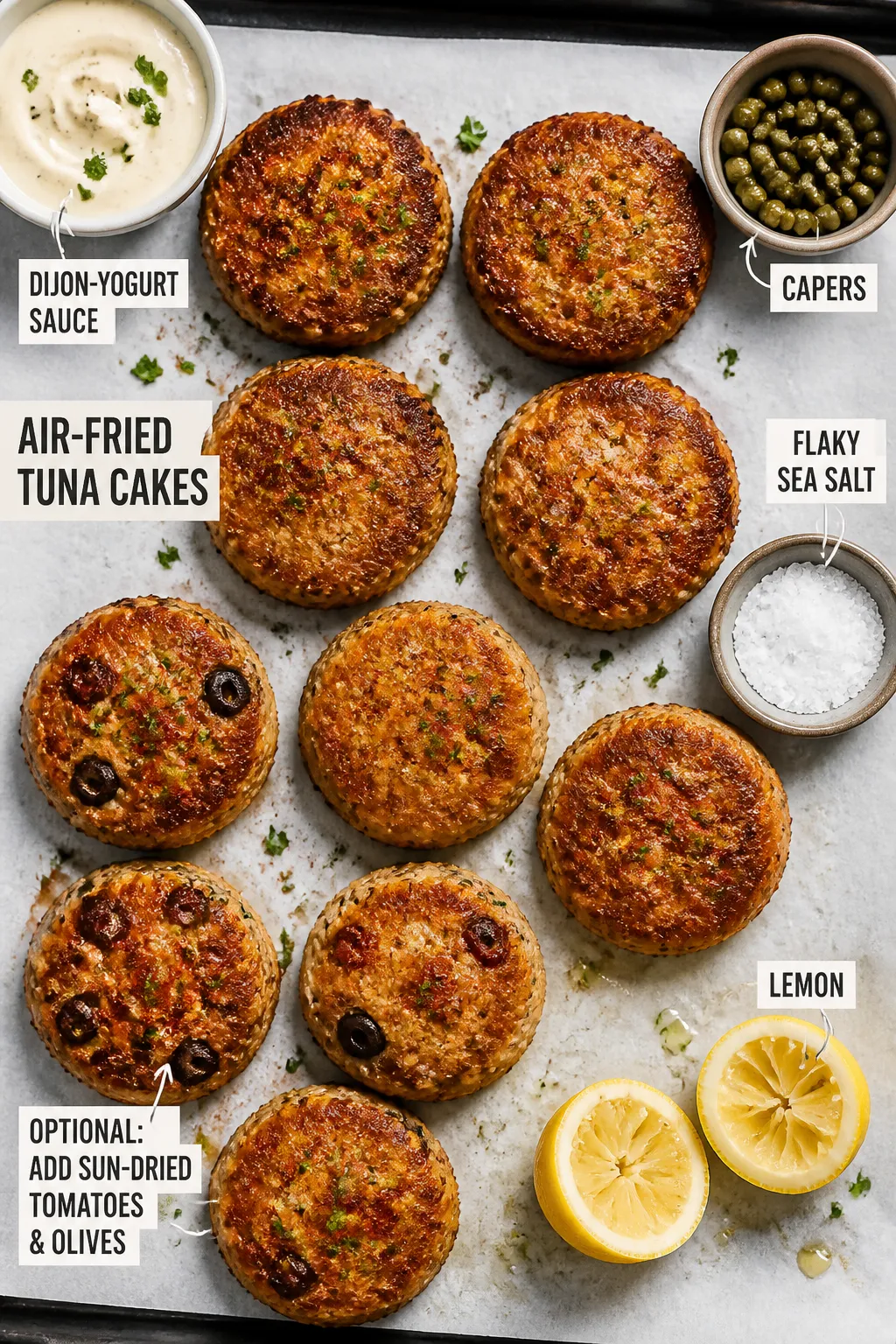 Overhead tasty top view: Air-fried tuna cakes arranged in a neat grid on a parchment-lined sheet, ev