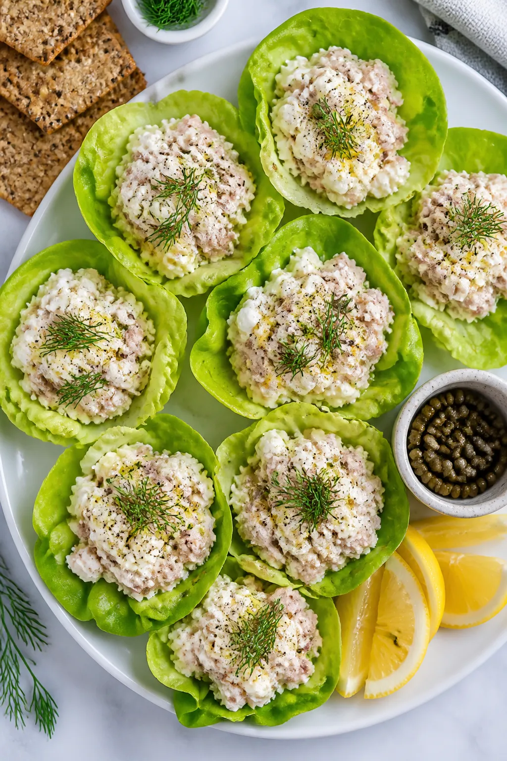 Overhead “tasty top view”: An abundant platter of Cottage Cheese Tuna Salad arranged in crisp bu