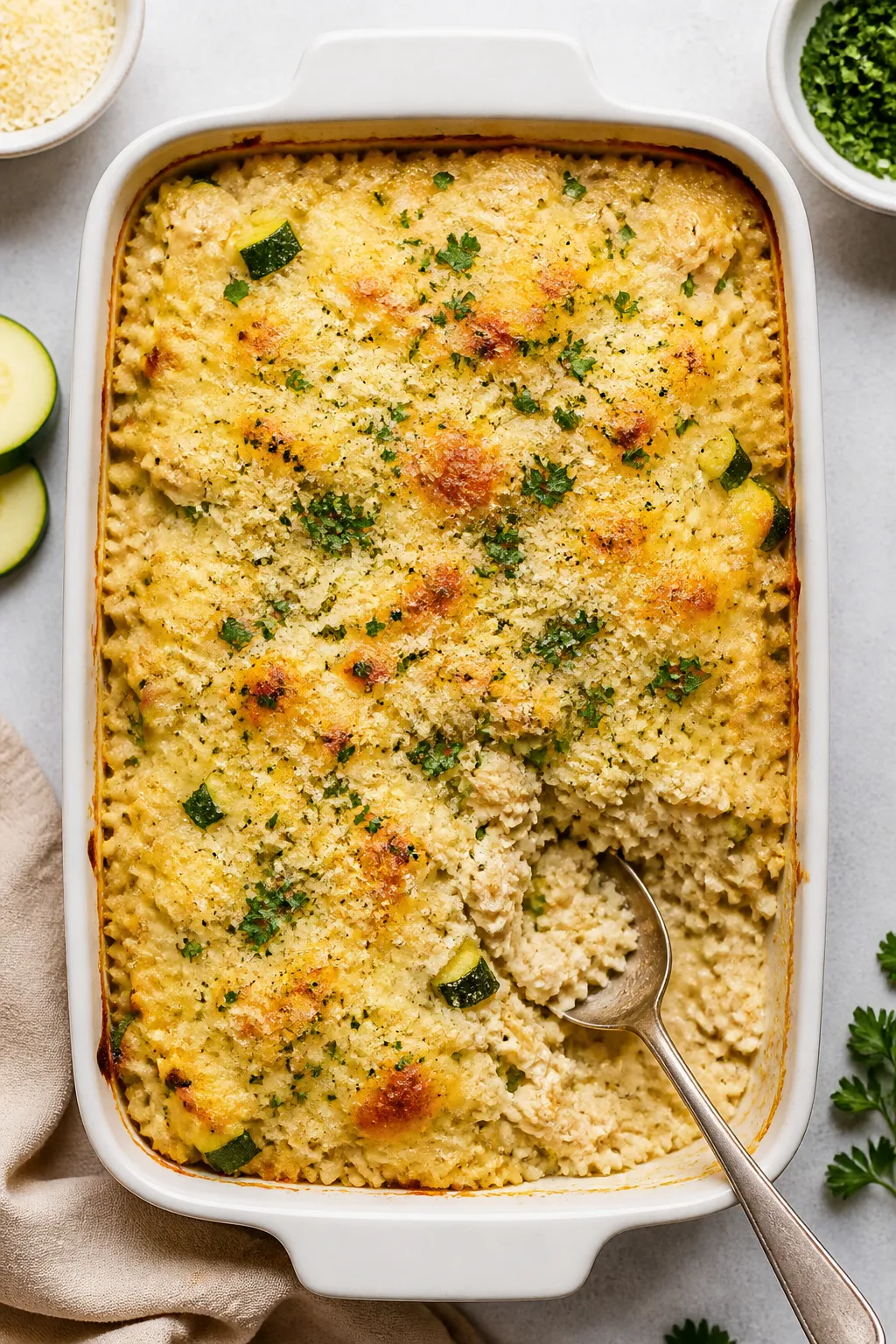 Overhead “tasty top view” in the baking dish: Freshly baked High Protein Chicken Zucchini Rice C