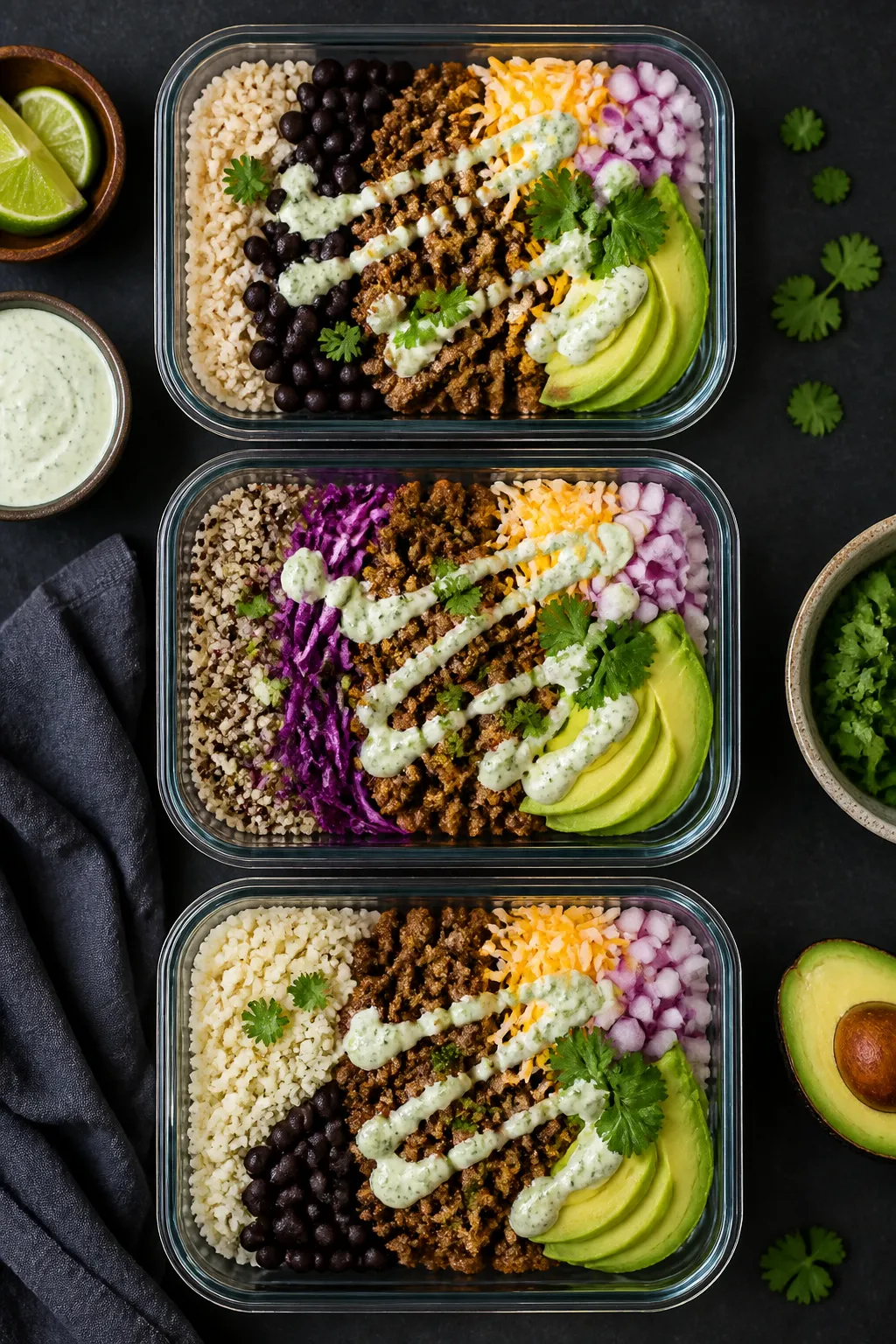 Overhead, tasty top view: Meal-prep lineup of assembled taco beef bowls showing varietyâone with b