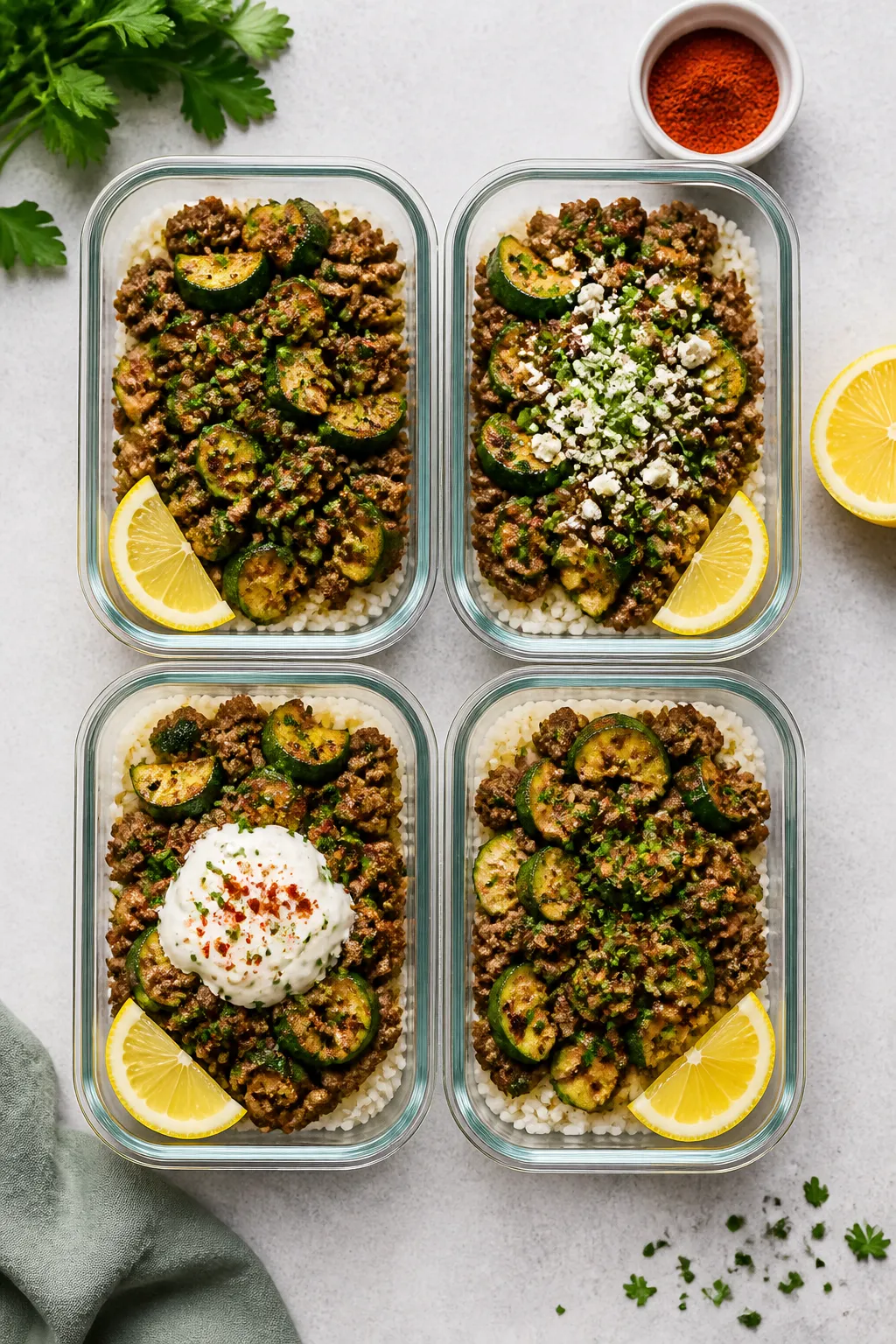 Overhead ātasty top viewā meal-prep spread: Four open meal prep containers arranged neatly on a