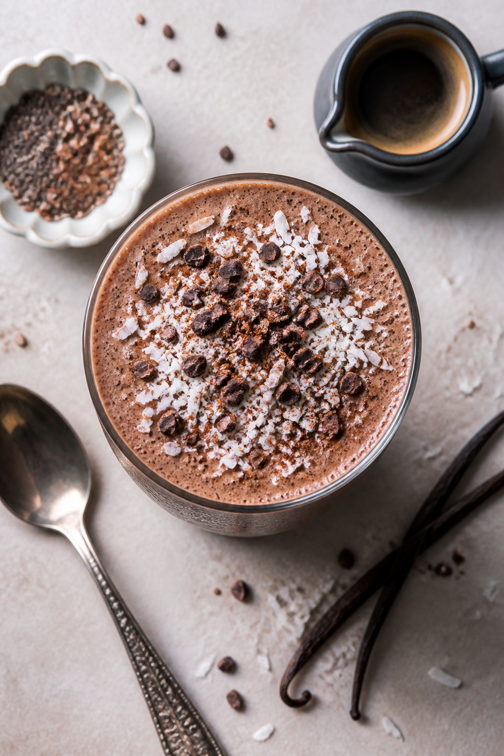 Overhead “tasty top view” of the final shake served in a tall glass, topped with extra shredded 