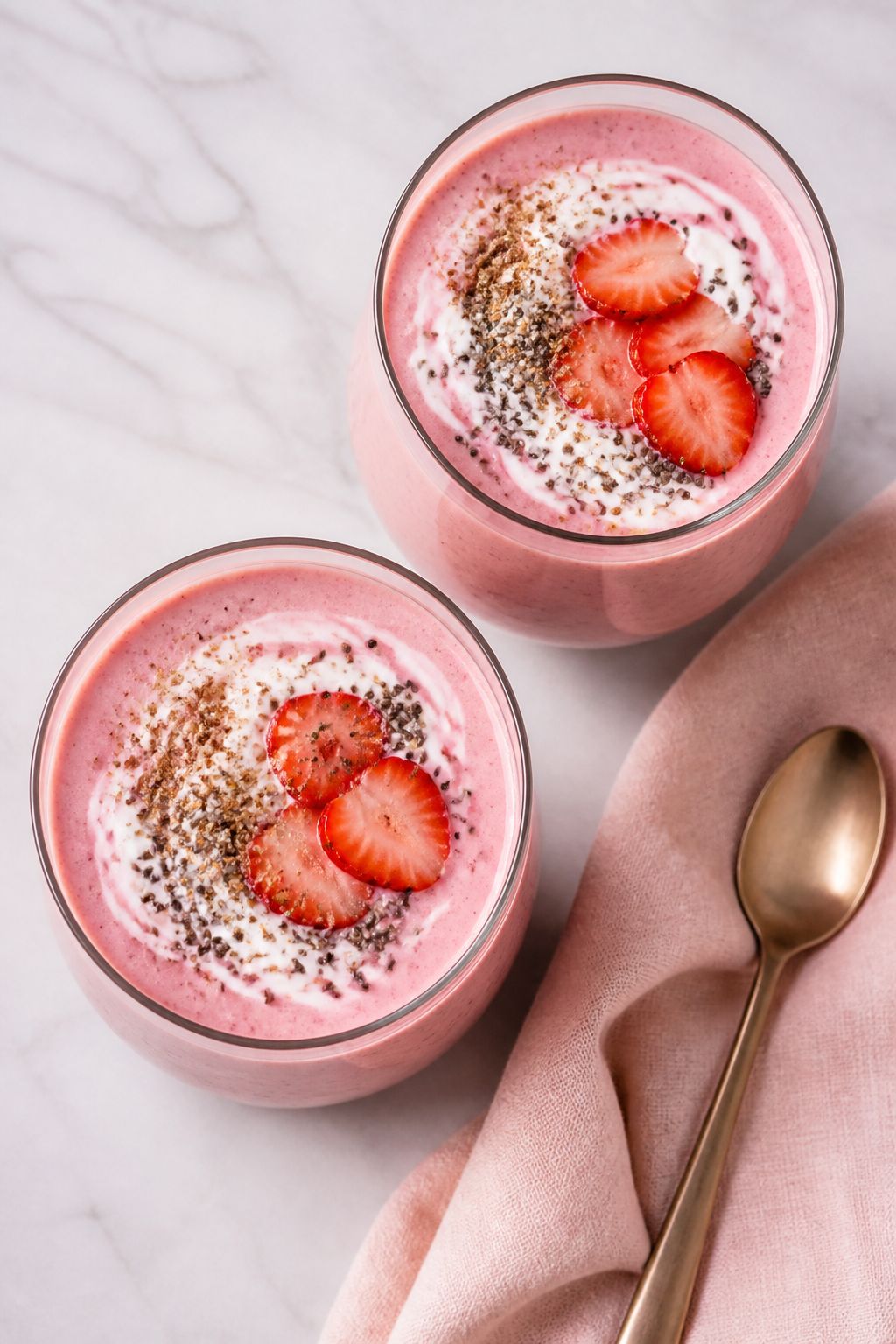 Overhead “tasty top view” of the final strawberry banana protein shake served in two modern tumb