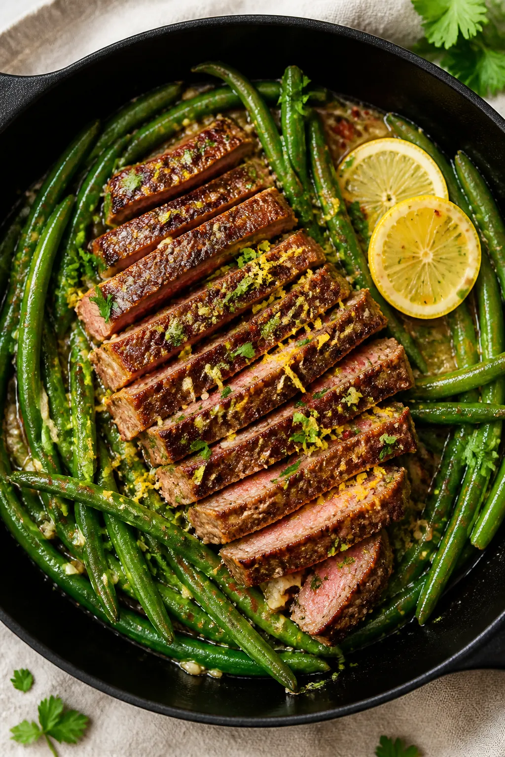 Overhead tasty top view: One-pan Garlic Steak and Green Beans just finished on the stovetop—juicy 