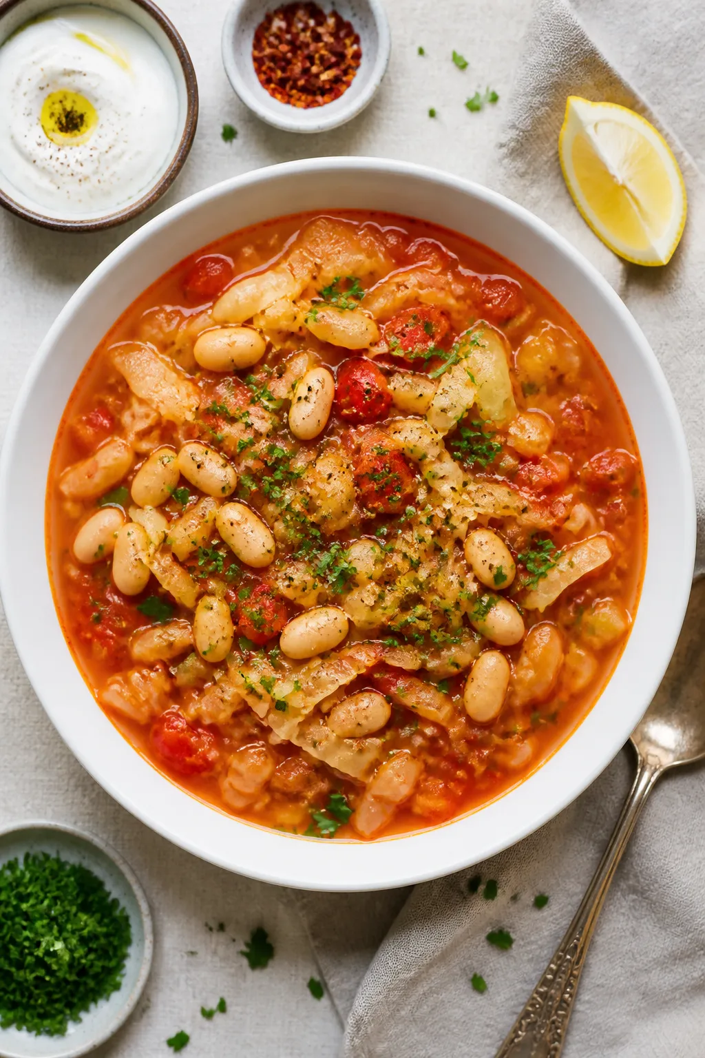Overhead âtasty top viewâ: Protein Packed Cabbage Soup in a wide, shallow white bowl, brimming w
