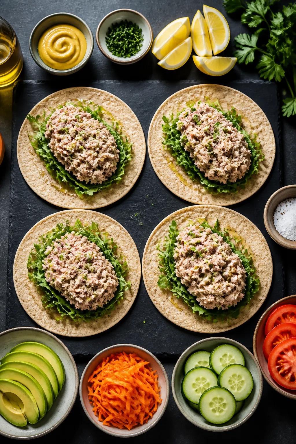 Overhead “tasty top view” shot: Four open, warmed whole-wheat tortillas on a matte slate board,