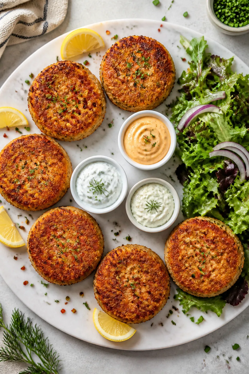Overhead tasty top view: Six evenly browned tuna patties arranged in a circle on a slate board or wh