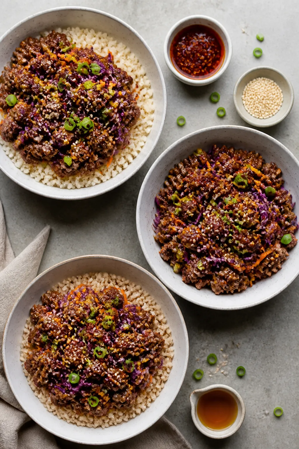 Overhead “tasty top view”: Top-down shot of a meal-prep spread—three shallow bowls: one low-ca