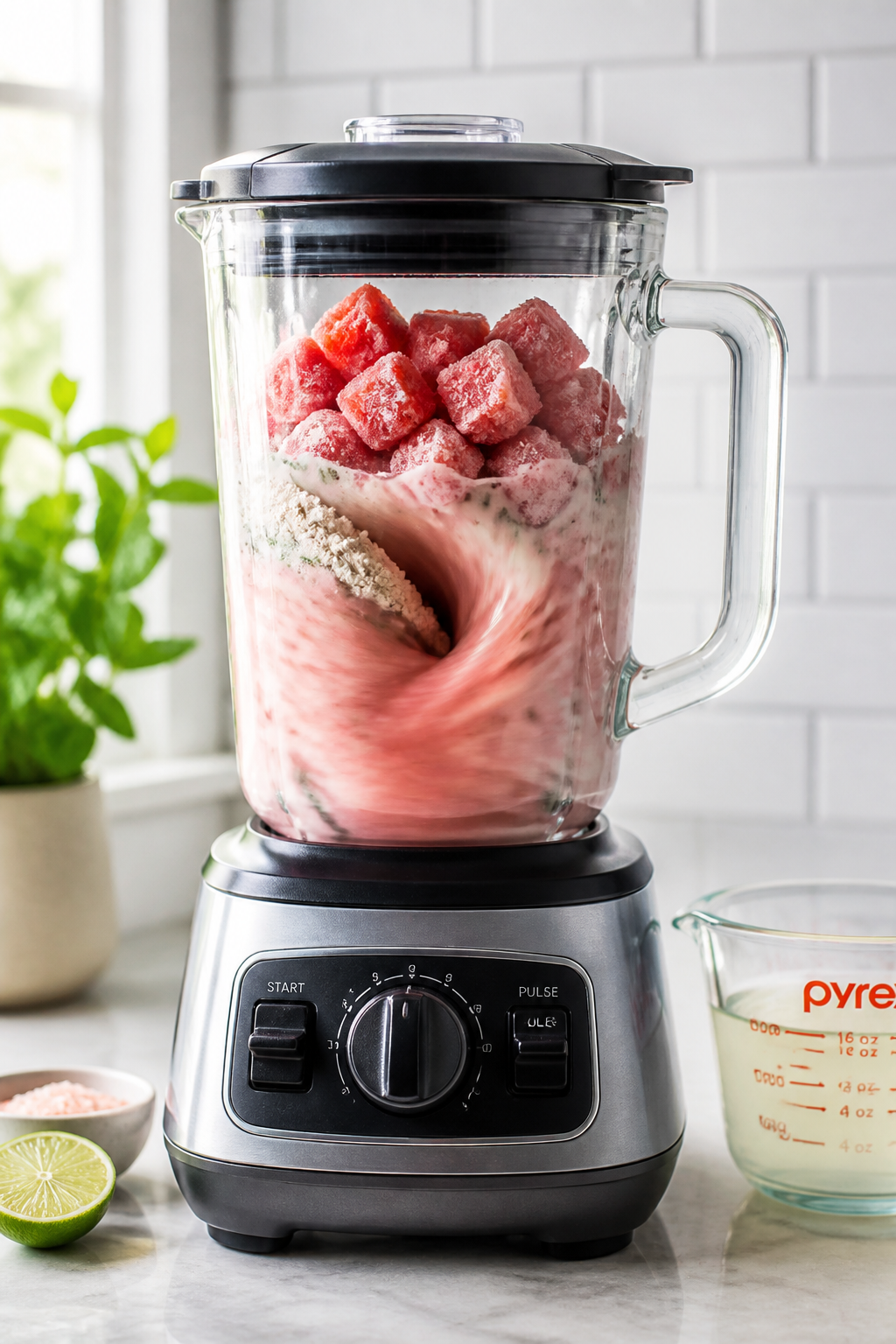 Process action shot: The smoothie being blended—frozen watermelon cubes just added on top of liqui
