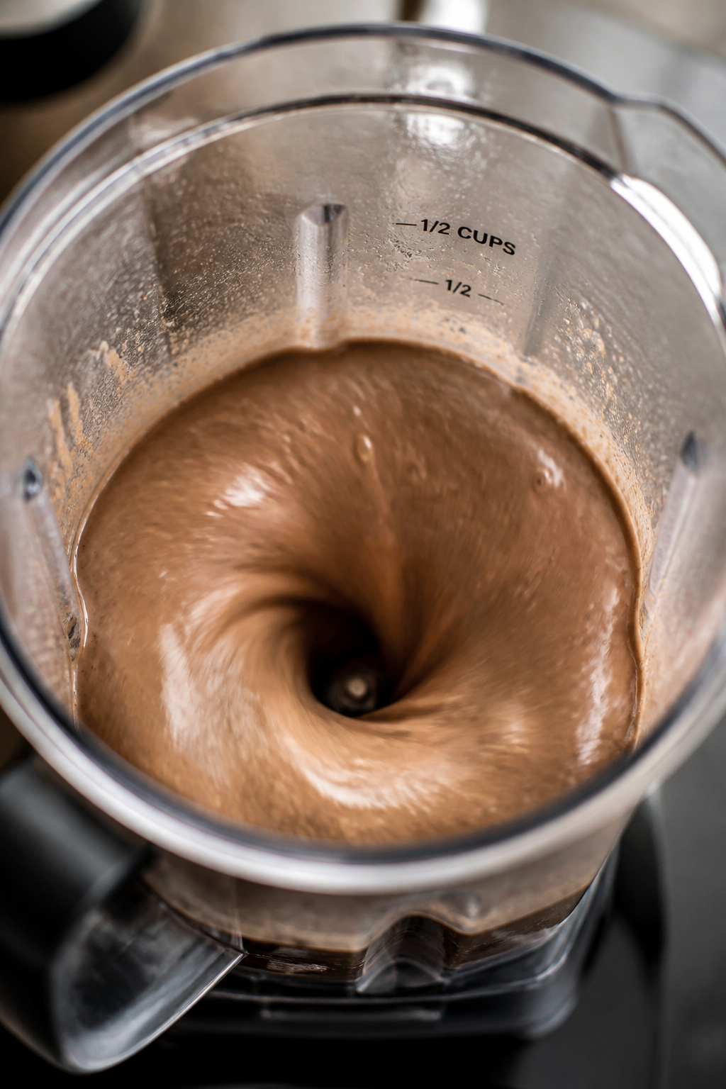 Process action shot: The smoothie mid-blend in a high-speed blender, viewed from a slight overhead a