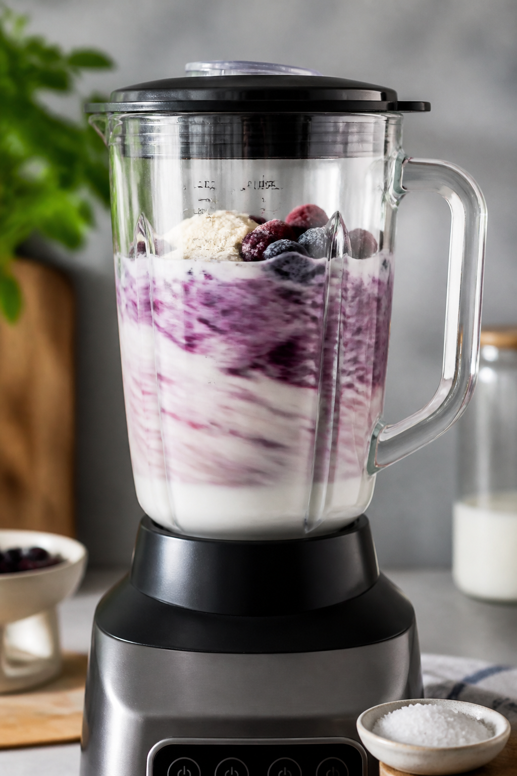 Process action: The smoothie blending step captured mid-whirl in a glass blender jar already loaded