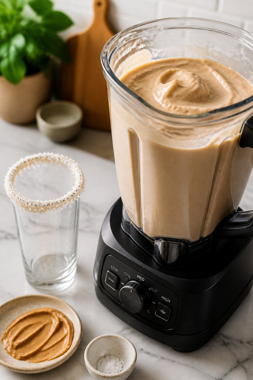 Process-focused blender scene, three-quarter angle: the shake fully blended and silky inside a high-