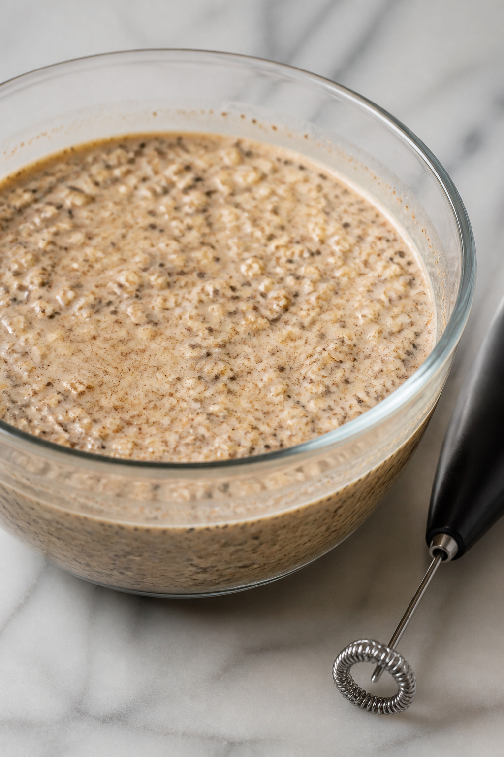 Process-focused shot showing the prepared mixture before chilling: protein-enriched oat base in a wi