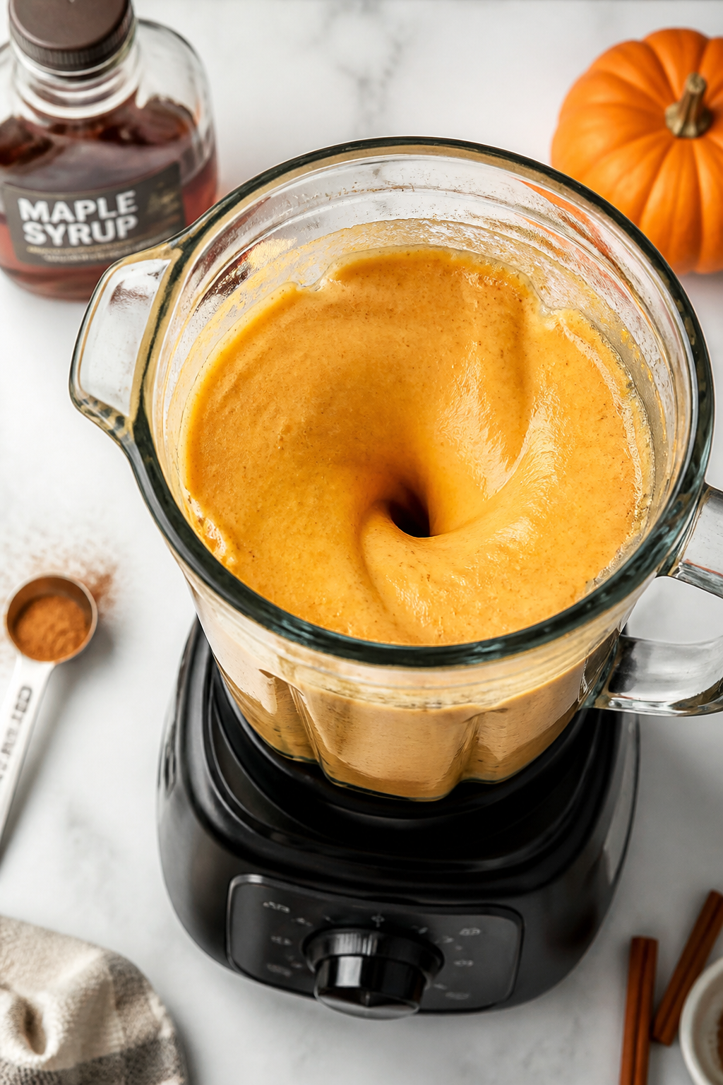 Process in action: High-angle shot of the smoothie blending to a silky finish in a glass blender jar