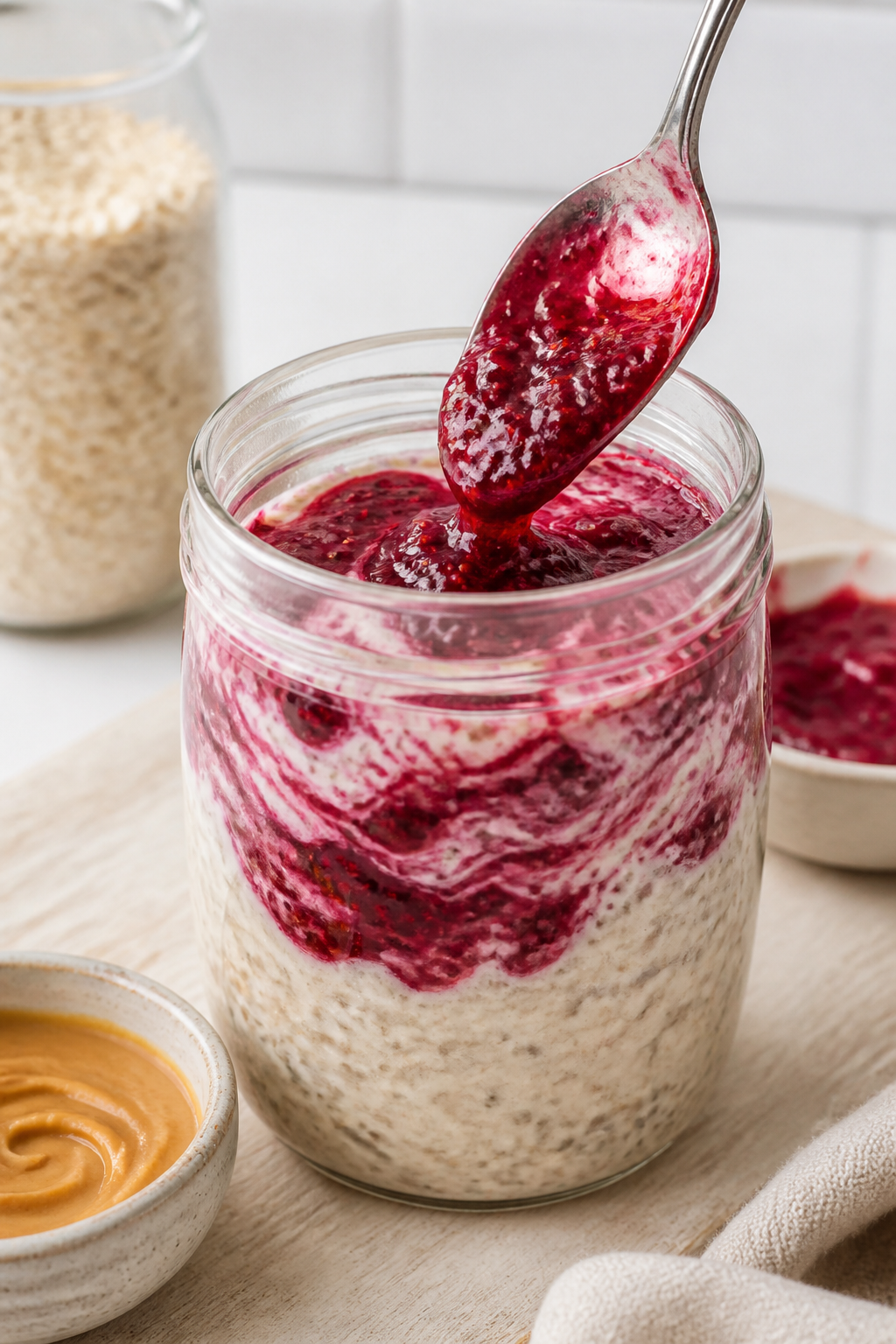Process moment: The “layer the jelly” step—prepared overnight oat base (rolled oats + chia + p