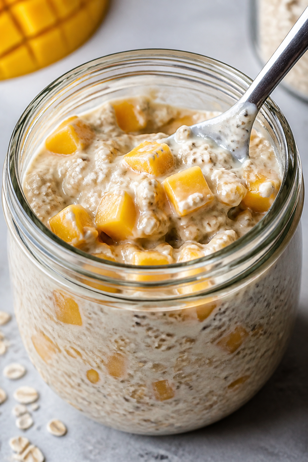 Process moment: The prepared oat mixture being combined—silky coconut milk and vanilla protein bas