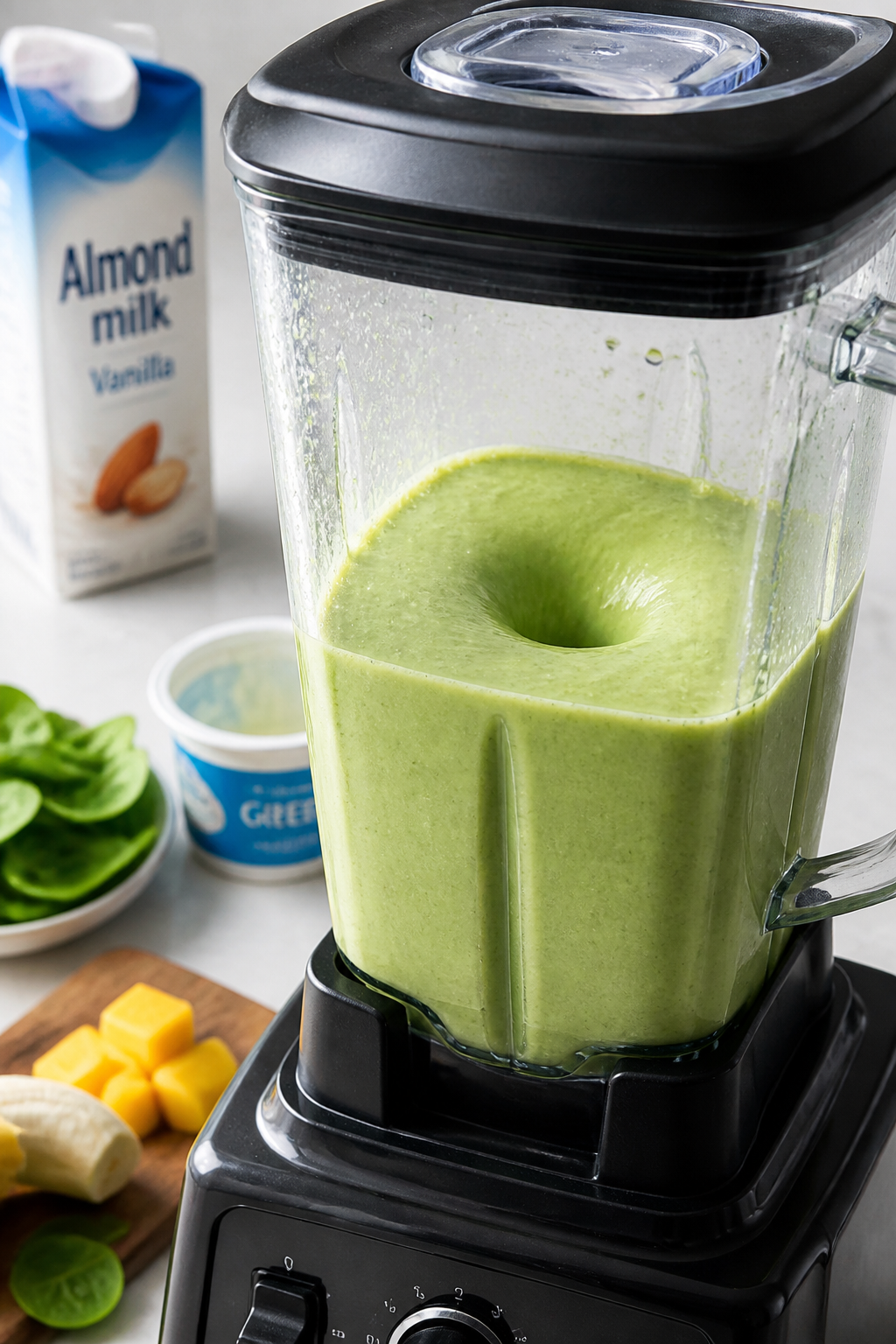 Process moment: The smoothie mid-blend in a high-speed blender, captured just as it reaches “silky