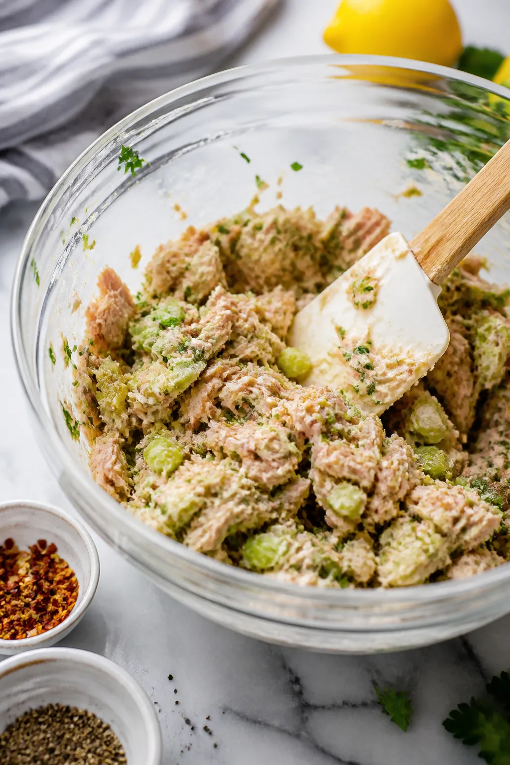 Process moment: The tuna mixture being folded together in a glass mixing bowl—drained tuna added l