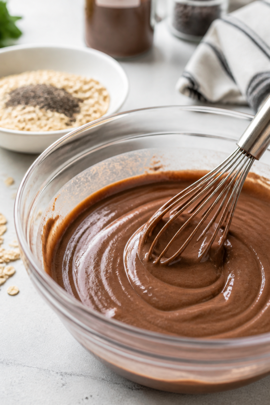 Process moment: The wet base being whisked to silky smoothness in a clear mixing bowl—milk, Greek