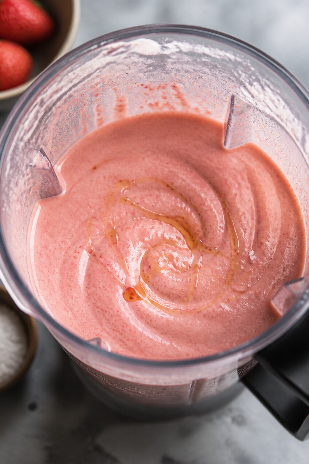 Process shot of the shake in the blender jar post-blend, lid off, showing a velvety, milkshake-thick