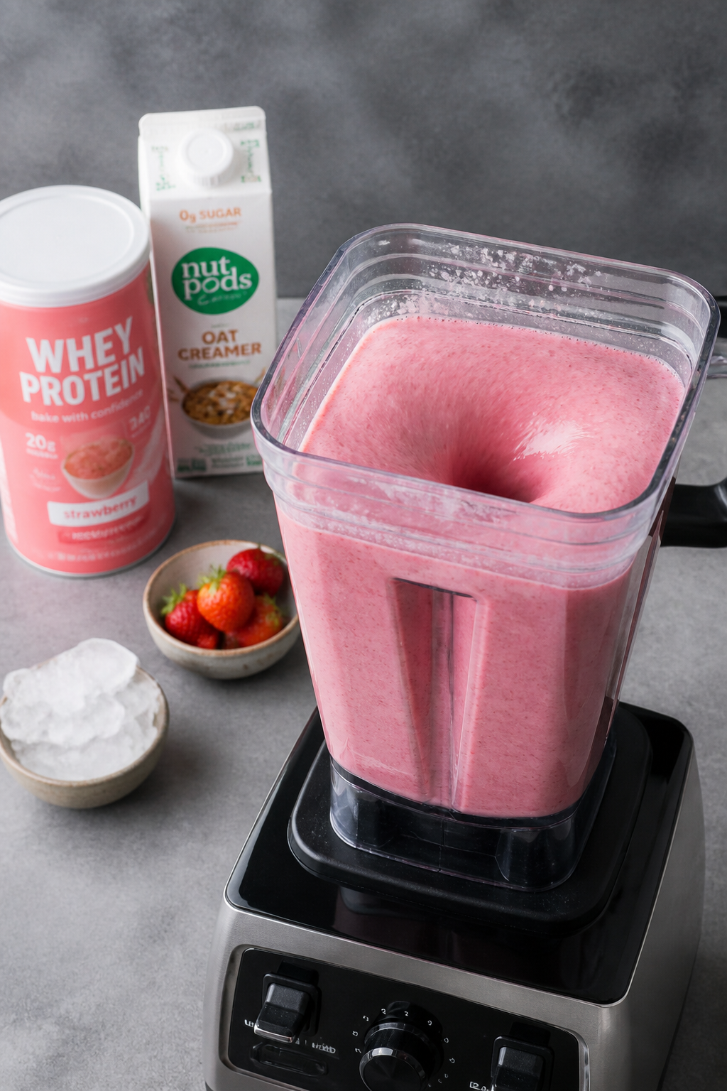 Process shot: Professional kitchen-style scene of the smoothie blending to a silky finish—blender