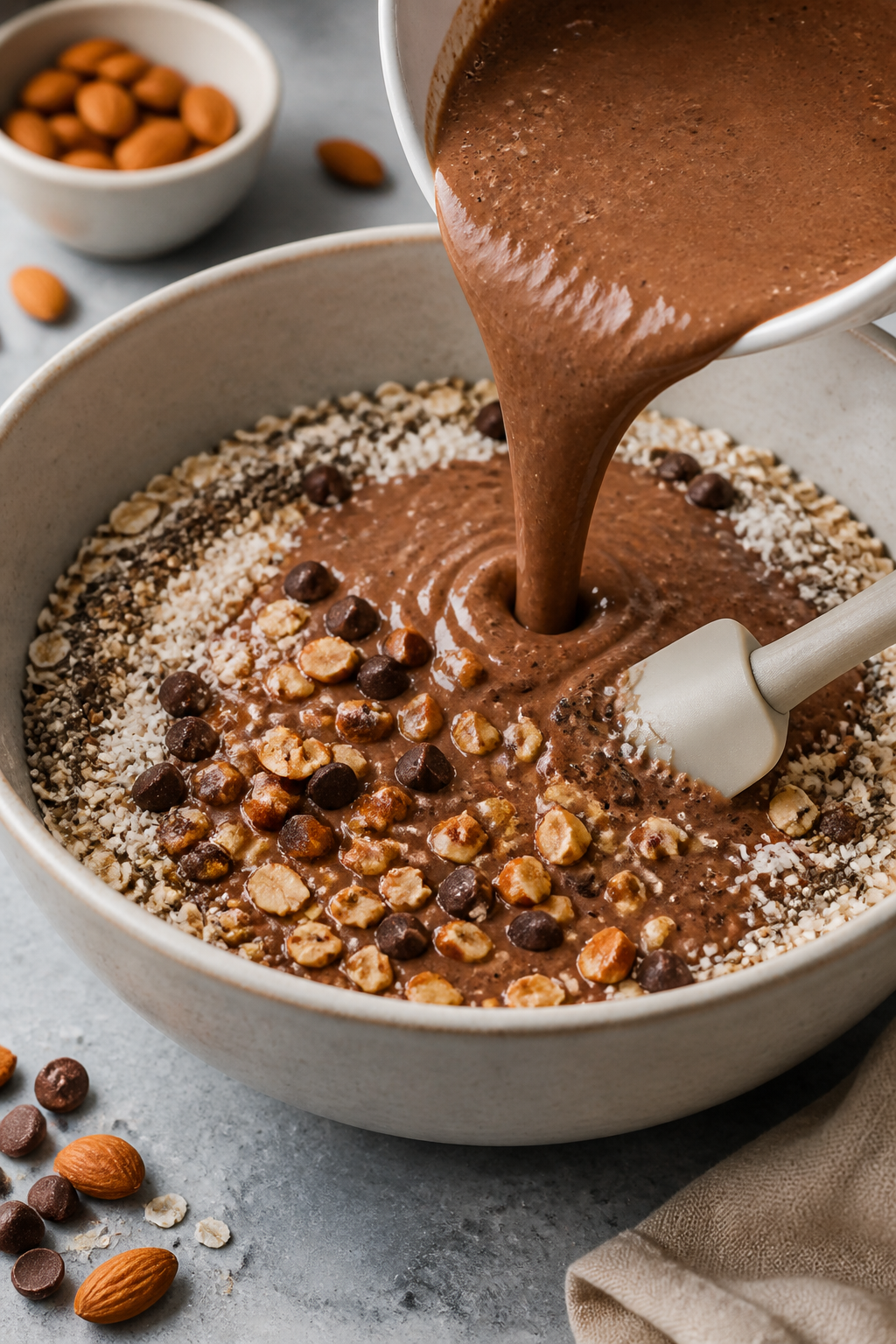 Process shot: The prepared mixture being combined—silky almond milk–Greek yogurt base whisked wi