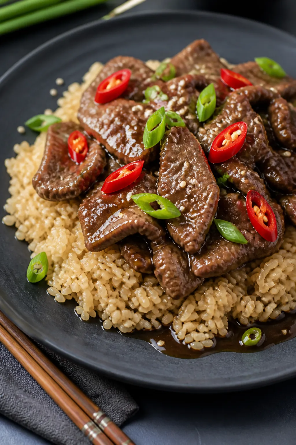 Restaurant-style final plate: beautifully plated Healthy Mongolian Beef over a mound of fluffy brown