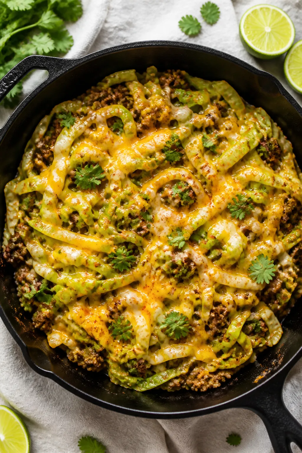 Steaming and melting moment: Overhead shot of the cabbage taco skillet after steamingâtender, vibr