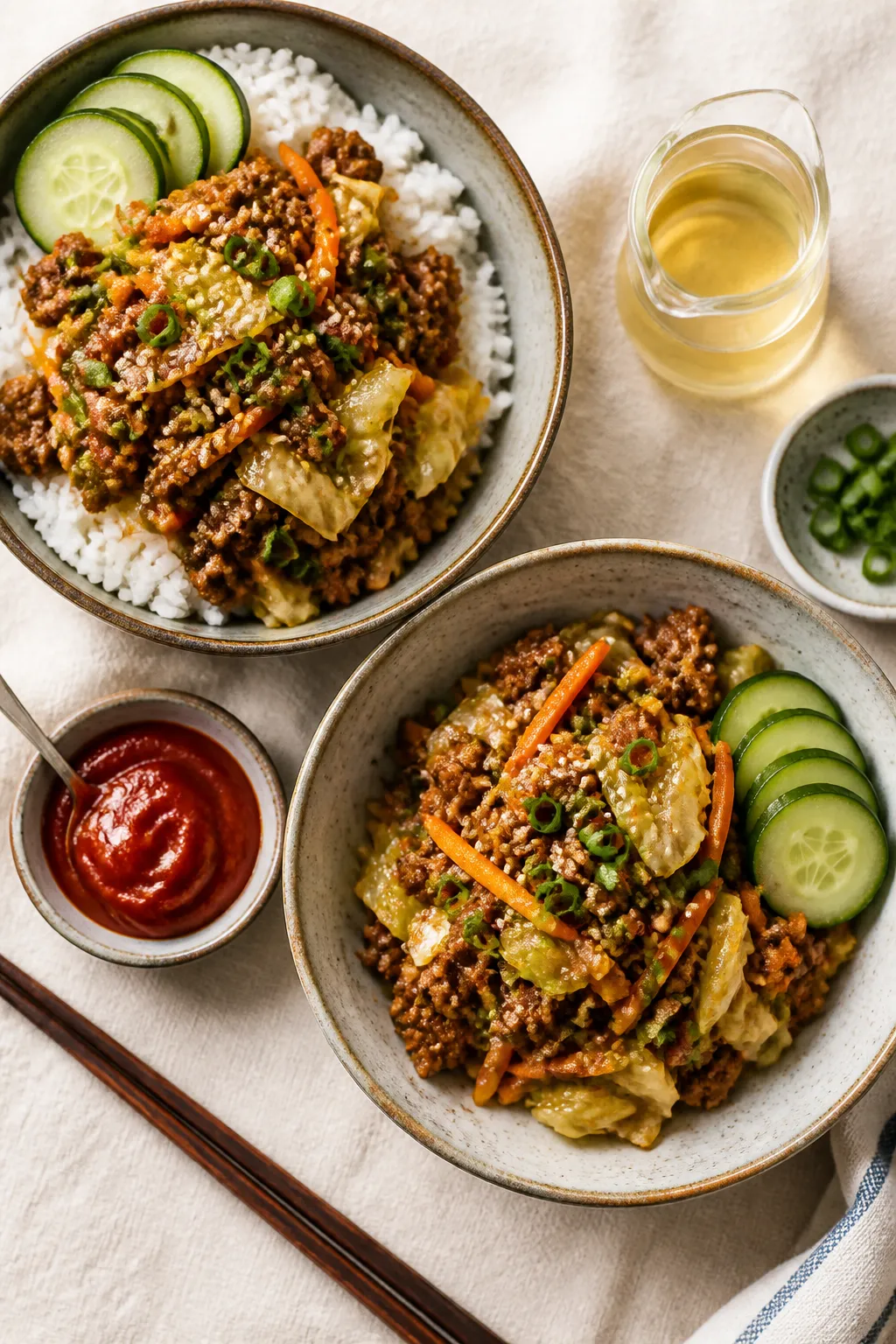 Tasty overhead meal-prep/top view: Overhead shot of two neatly composed bowls—one over warm white