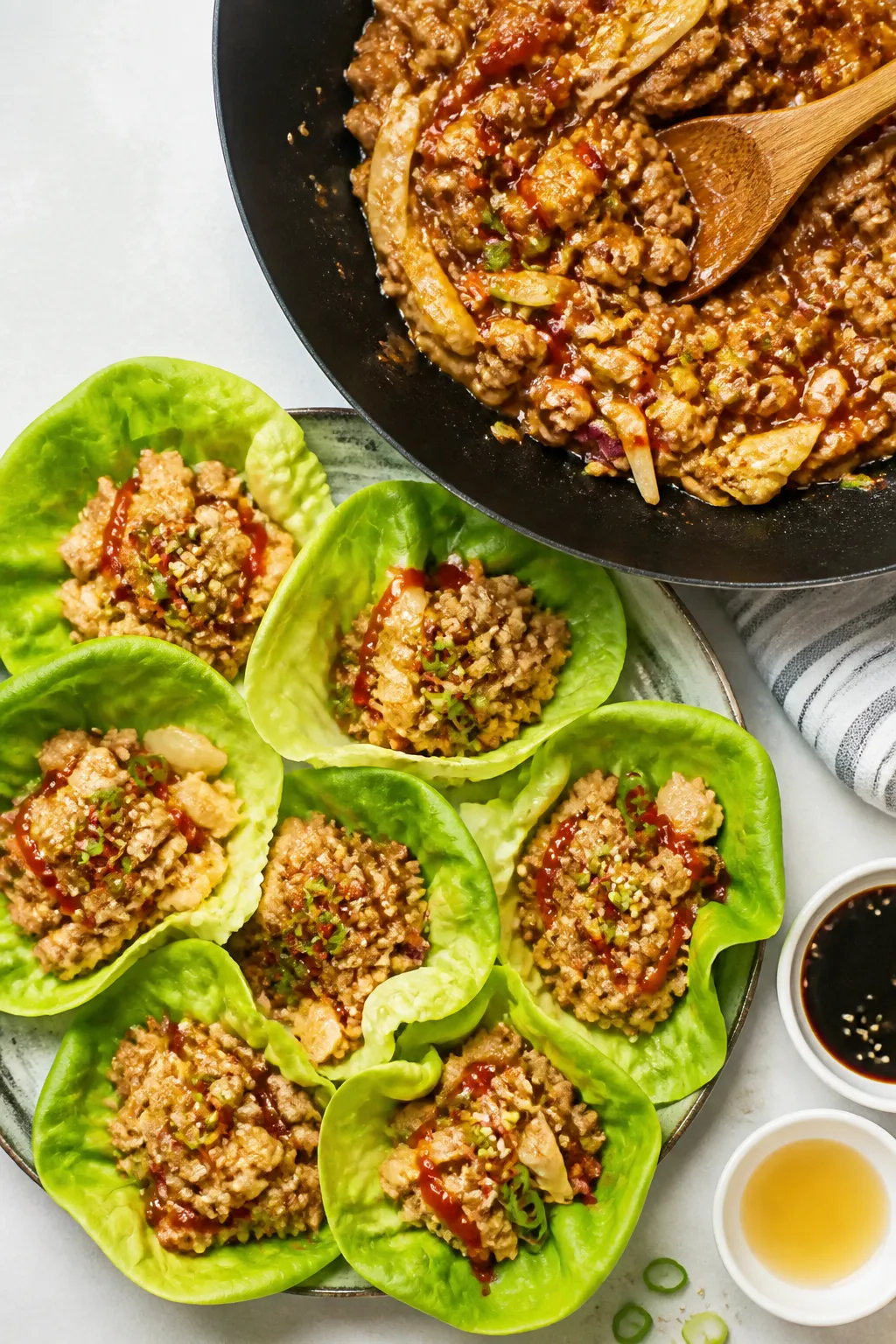 Tasty overhead view for variety: Top-down shot of Ground Chicken Cabbage Stir Fry tucked into crisp