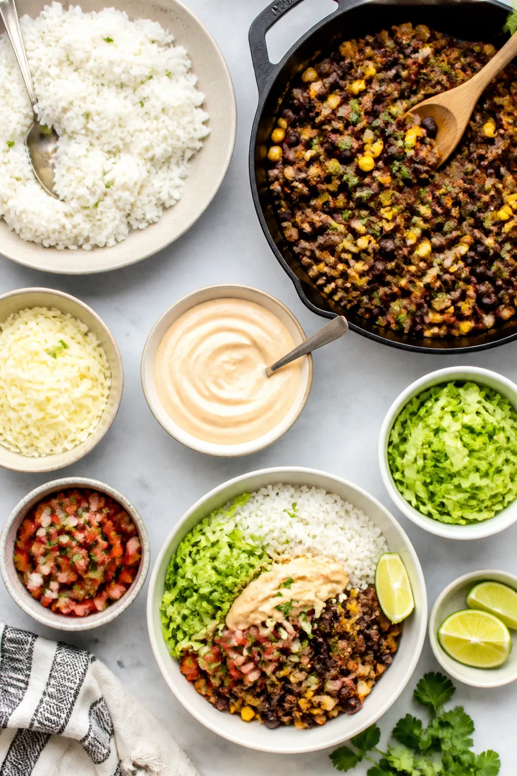 Tasty top-down meal-prep spread: Overhead shot of build-your-own bowls with components arranged in s