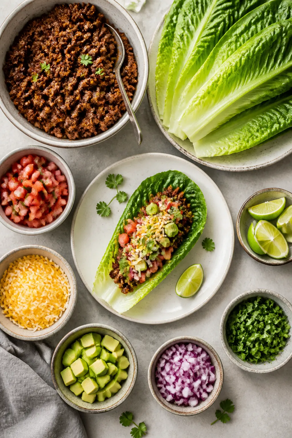 Tasty top-down spread: Overhead shot of a build-your-own lettuce wrap setup featuring a bowl of glos
