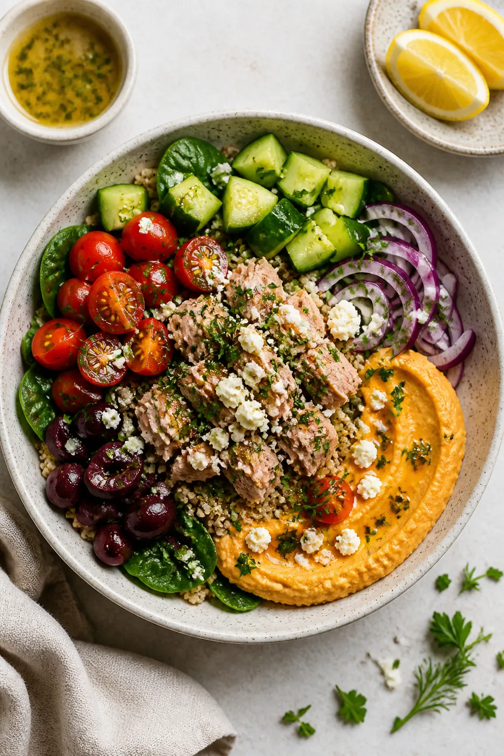 Tasty top view — assembled Mediterranean Tuna Power Bowl: Overhead shot of a vibrant bowl featurin