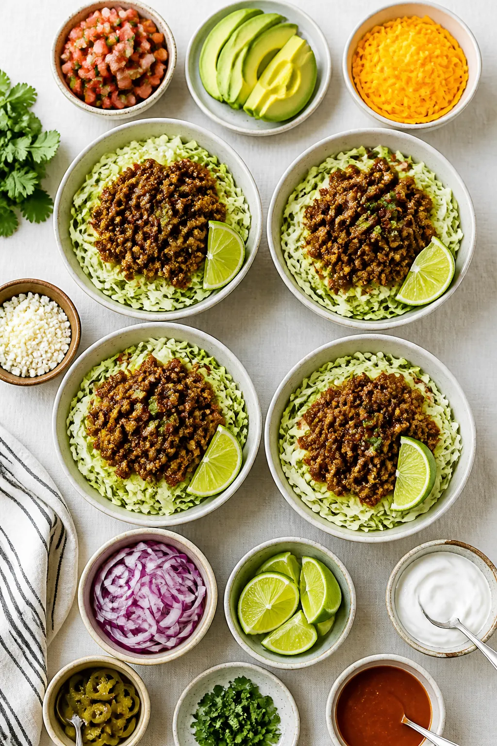 Tasty top view (assembly bar): Overhead shot of Ground Beef Cabbage Taco Bowls ready to customizeā
