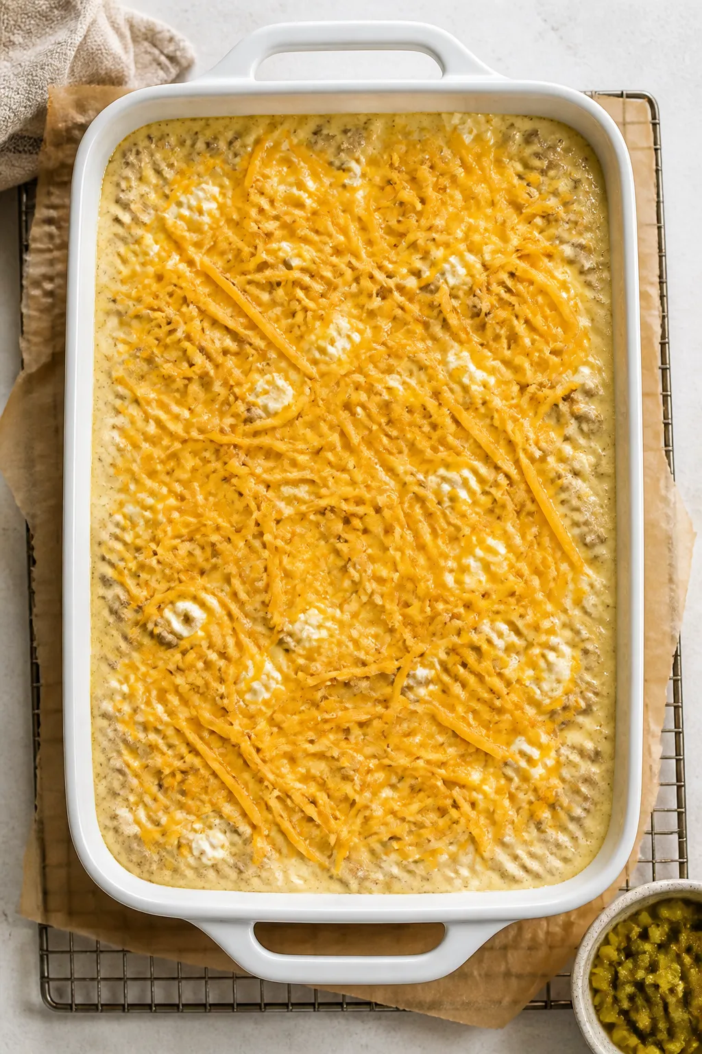 Tasty top view, assembly stage: Overhead shot of a 9x13 baking dish filled with the even beef layer,