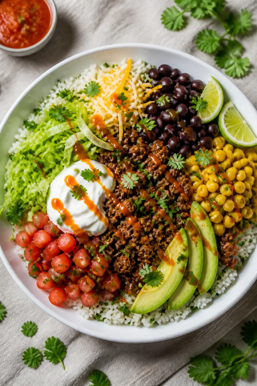 Tasty top view â Build-your-own burrito protein bowl: Overhead shot of a vibrant, assembled Beef B