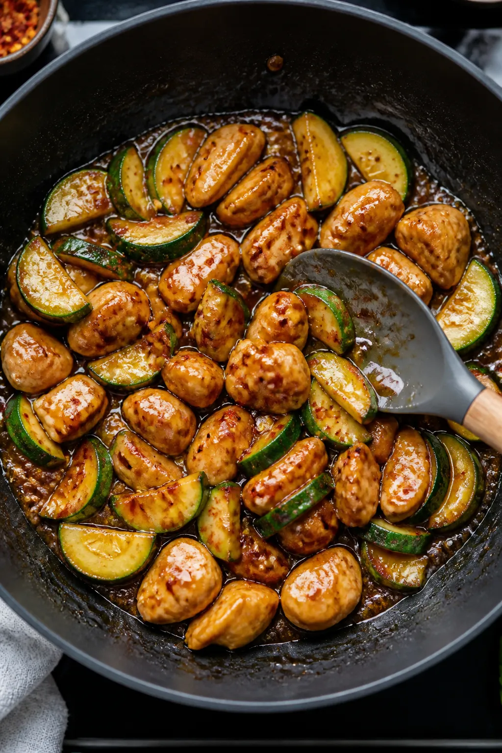 Tasty top view cooking process: Overhead shot of chicken and zucchini in a large skillet right after