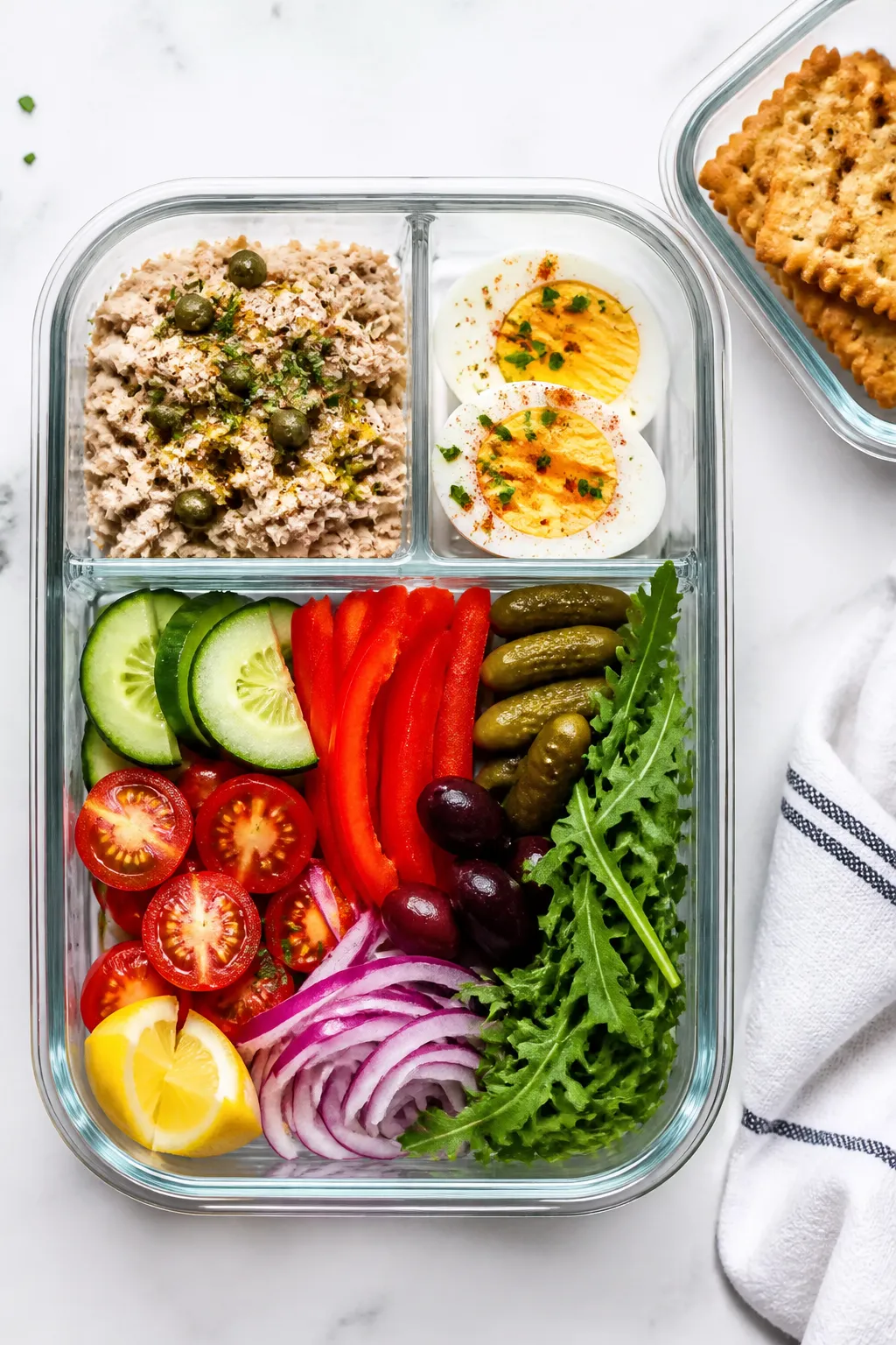 Tasty top view (final lunch box): Overhead shot of compartmented meal-prep containers filled and rea