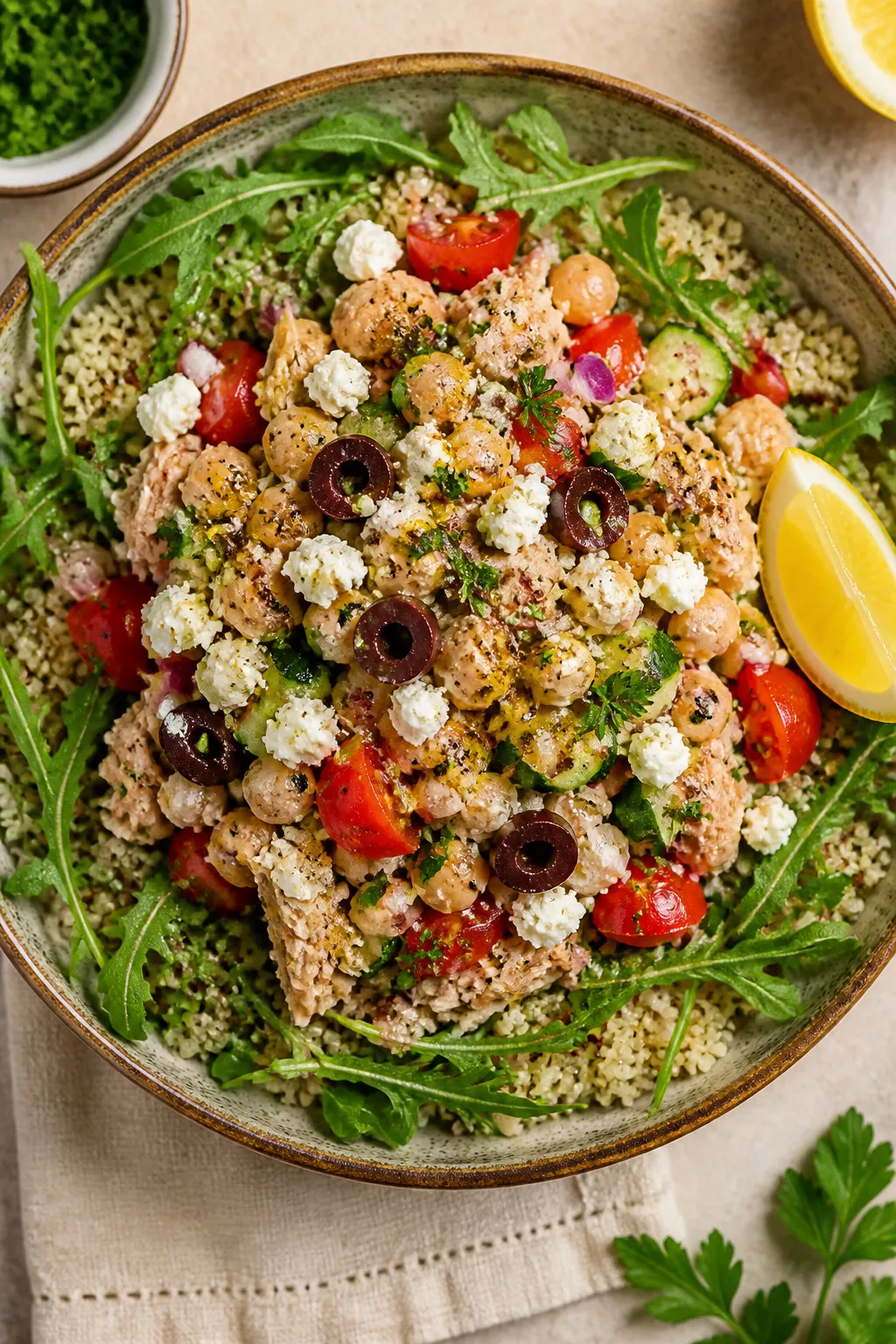 Tasty top view: Final Mediterranean Chickpea Tuna Bowl assembled over a base of fluffy quinoa and ba