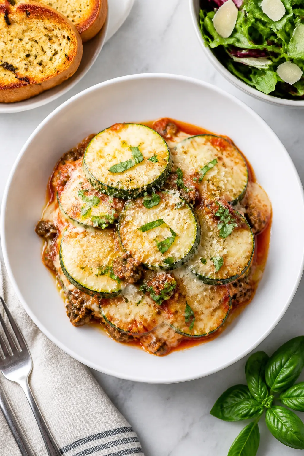 Tasty top-view final plating: Overhead shot of a neatly served portion of Italian Sausage Zucchini B