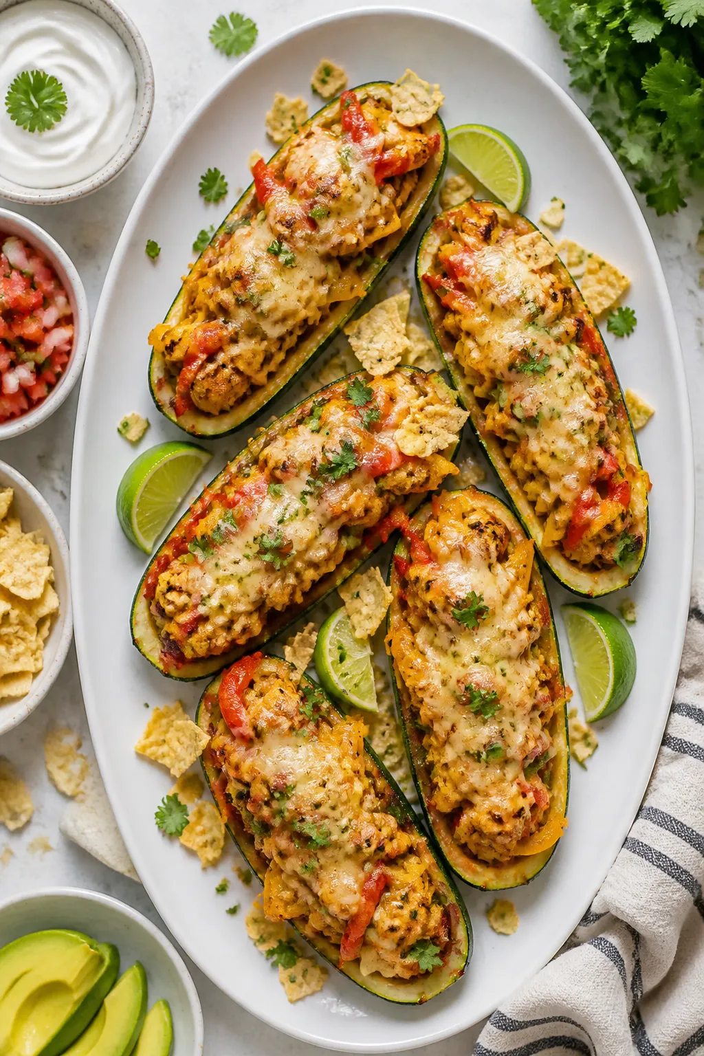 Tasty top view final plating: Overhead shot of Chicken Fajita Zucchini Boats arranged on a matte whi