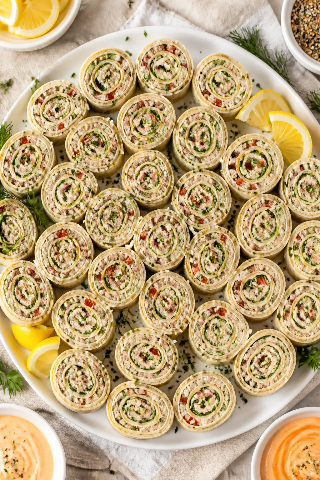 Tasty top view (final platter): Overhead shot of a party-ready platter of tuna pinwheels arranged in
